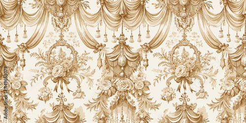 Elegant floral damask pattern in beige tones with draped fabric and ornamental details.
