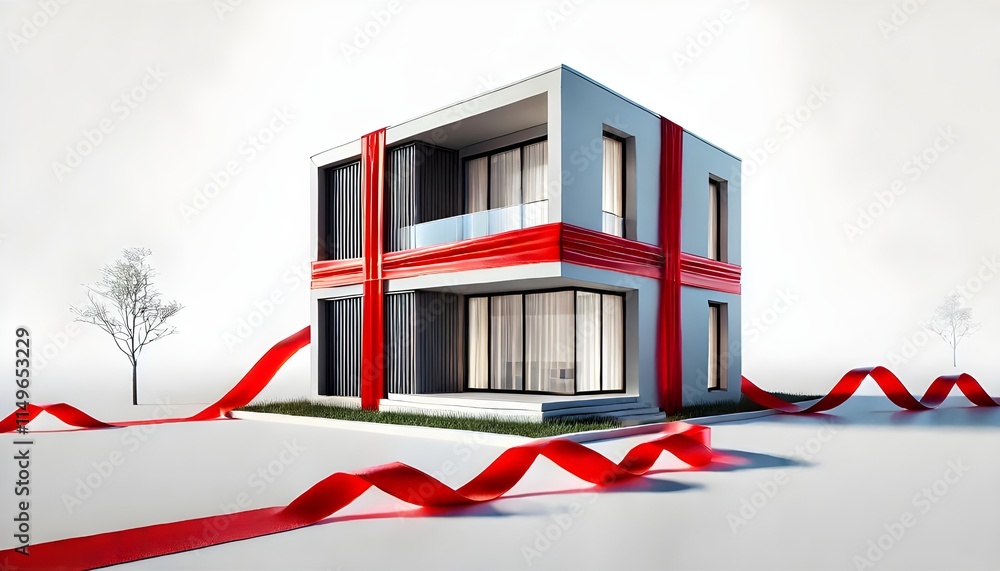 Set of new modern houses wrapped with red ribbons, cut out Set of new modern houses wrapped with red ribbons, cut out