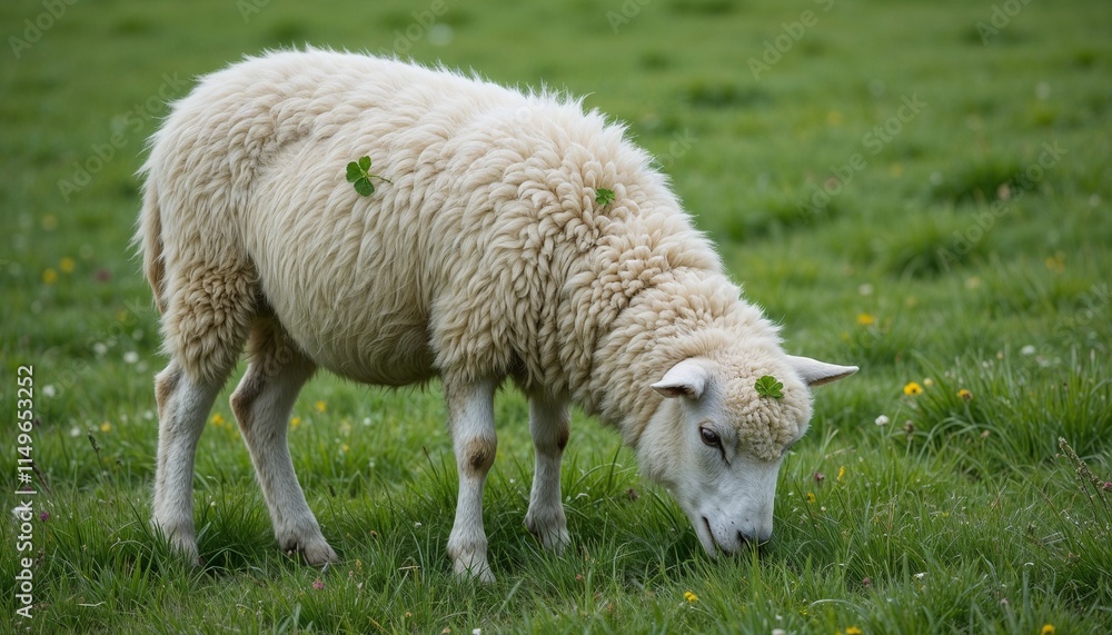 Fluffy sheep grazing on green grass with clovers, enjoying a sunny day in a tranquil pasture Fluffy sheep grazing on green grass with clovers, enjoying a sunny day in a tranquil pasture