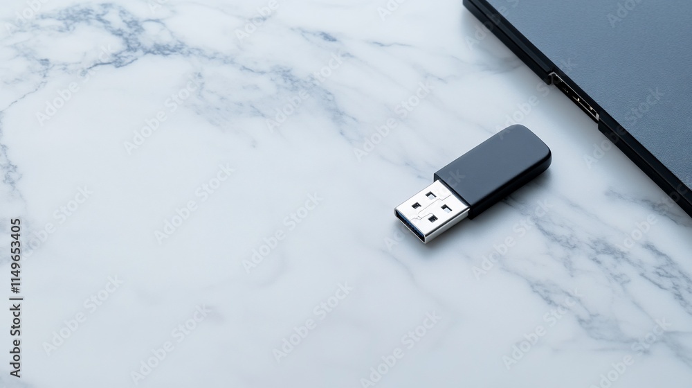 Fototapeta premium Black USB flash drive on marble surface near laptop.