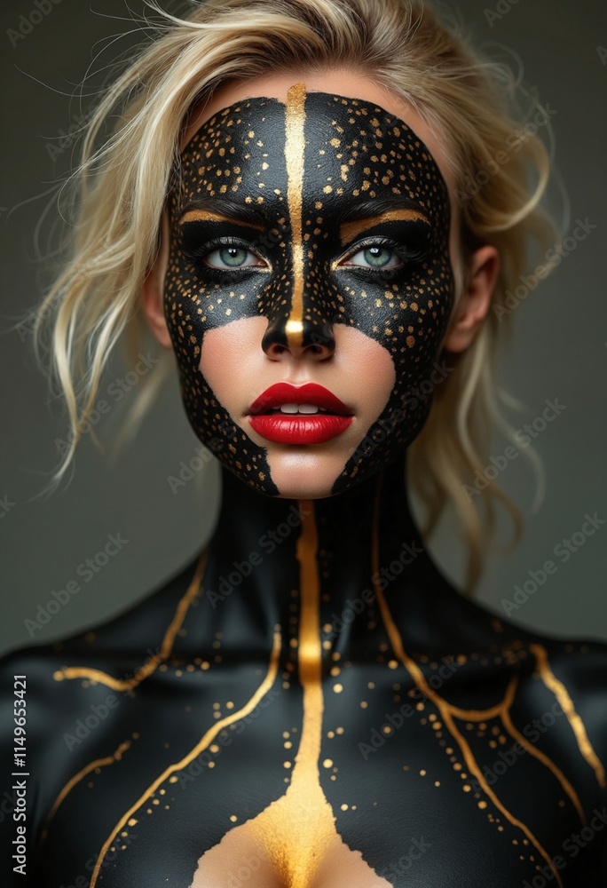 An image of a woman with a hyperrealistic style, showcasing an elaborate body paint design An image of a woman with a hyperrealistic style, showcasing an elaborate body paint design