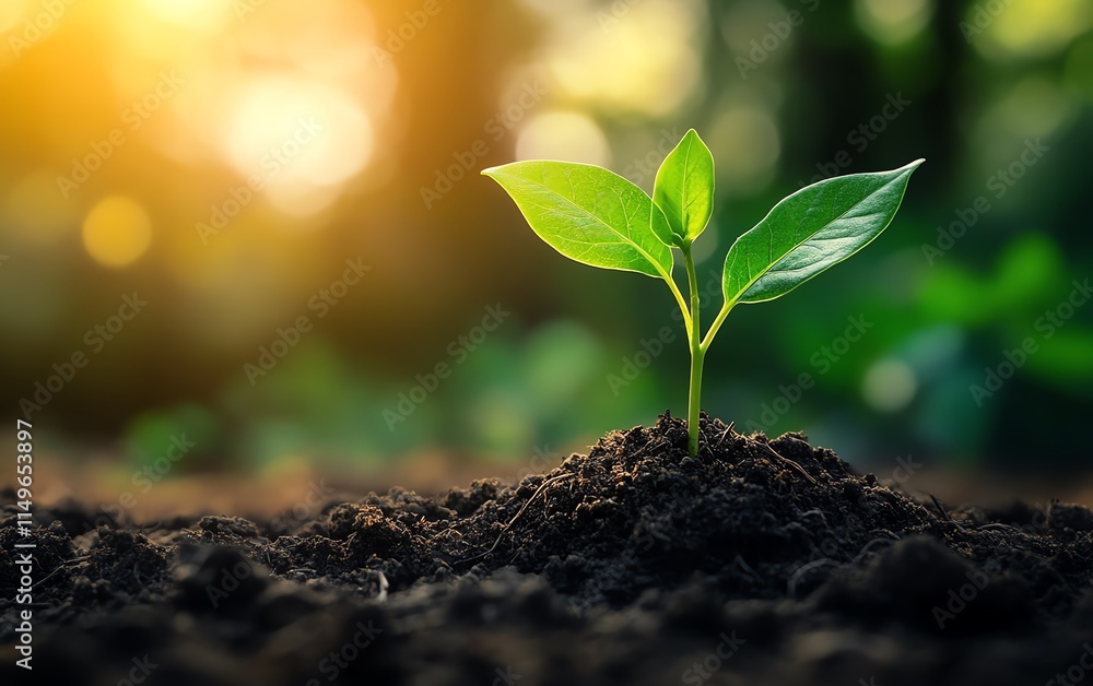 Fototapeta premium A young seedling breaking through dry, cracked soil, with fresh green leaves and tiny roots forming beneath the earth