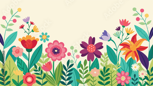 Seamless flower garden border, colorful spring floral frame vector