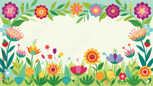 Seamless flower garden border, colorful spring floral frame vector
