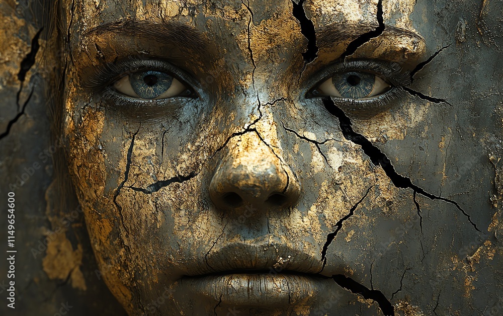 An abstract, corroding face with detailed cracks and a dirt ground, representing the breakdown of identity and the forces of nature An abstract, corroding face with detailed cracks and a dirt ground, representing the breakdown of identity and the forces of nature