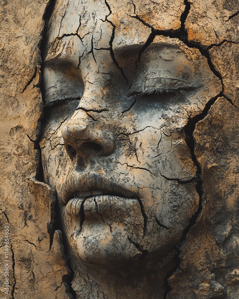 An abstract, corroding face with detailed cracks and a dirt ground, representing the breakdown of identity and the forces of nature An abstract, corroding face with detailed cracks and a dirt ground, representing the breakdown of identity and the forces of nature