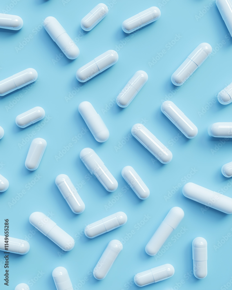 white pills arranged in a scattered pattern against a soothing blue background. for concepts of health, wellness, and medicine. white pills arranged in a scattered pattern against a soothing blue background. for concepts of health, wellness, and medicine.