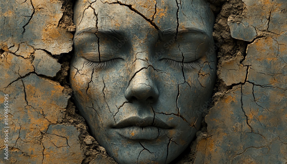 An abstract, corroding human face with cracks and a dirtcovered ground, blending organic and earth elements in a powerful, symbolic composition An abstract, corroding human face with cracks and a dirtcovered ground, blending organic and earth elements in a powerful, symbolic composition