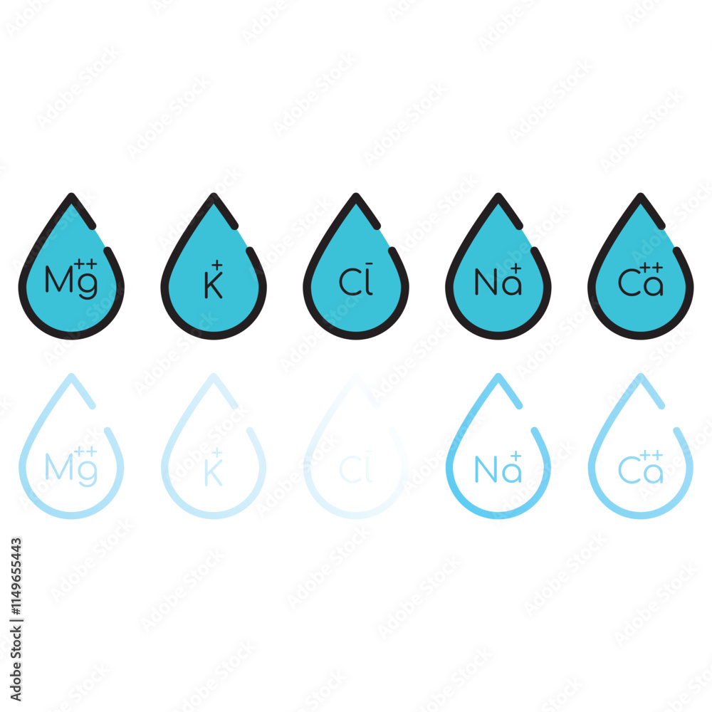 Set of blue electrolyte modern icons - Calcium, Sodium, Magnesium, Potassium and Chlorine ion symbols for Mineral product, mineralized water, health care and education Set of blue electrolyte modern icons - Calcium, Sodium, Magnesium, Potassium and Chlorine ion symbols for Mineral product, mineralized water, health care and education