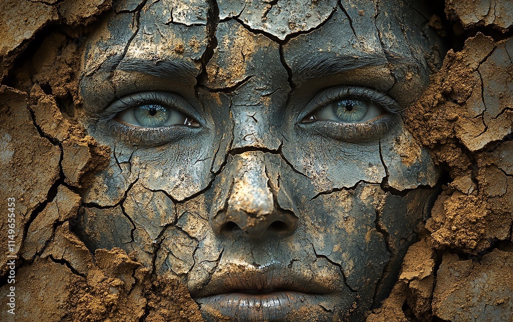 An abstract, corroding human face with cracks and a dirtcovered ground, blending organic and earth elements in a powerful, symbolic composition