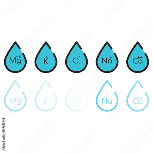 Set of blue electrolyte modern icons - Calcium, Sodium, Magnesium, Potassium and Chlorine ion symbols for Mineral product, mineralized water, health care and education