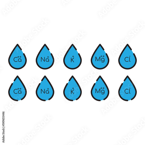 Set of blue electrolyte modern icons - Calcium, Sodium, Magnesium, Potassium and Chlorine ion symbols for Mineral product, mineralized water, health care and education