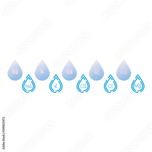 Set of blue electrolyte modern icons - Calcium, Sodium, Magnesium, Potassium and Chlorine ion symbols for Mineral product, mineralized water, health care and education
