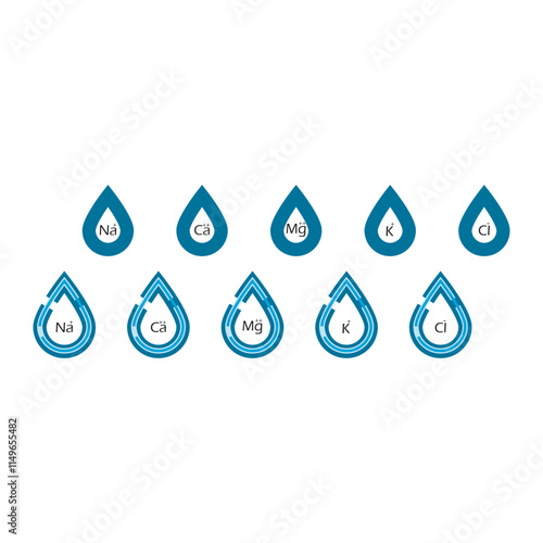 Set of blue electrolyte modern icons - Calcium, Sodium, Magnesium, Potassium and Chlorine ion symbols for Mineral product, mineralized water, health care and education