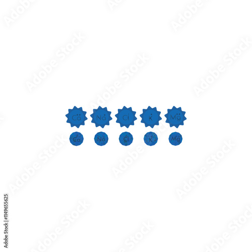 Set of blue electrolyte modern icons - Calcium, Sodium, Magnesium, Potassium and Chlorine ion symbols for Mineral product, mineralized water, health care and education