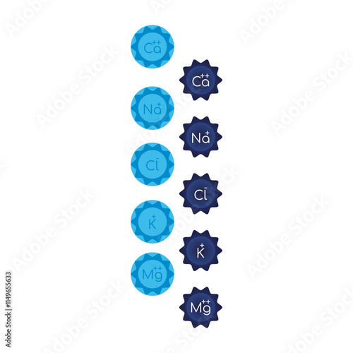 Set of blue electrolyte modern icons - Calcium, Sodium, Magnesium, Potassium and Chlorine ion symbols for Mineral product, mineralized water, health care and education