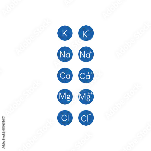 Set of blue electrolyte modern icons - Calcium, Sodium, Magnesium, Potassium and Chlorine ion symbols for Mineral product, mineralized water, health care and education