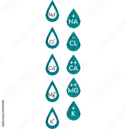 Set of blue electrolyte modern icons - Calcium, Sodium, Magnesium, Potassium and Chlorine ion symbols for Mineral product, mineralized water, health care and education