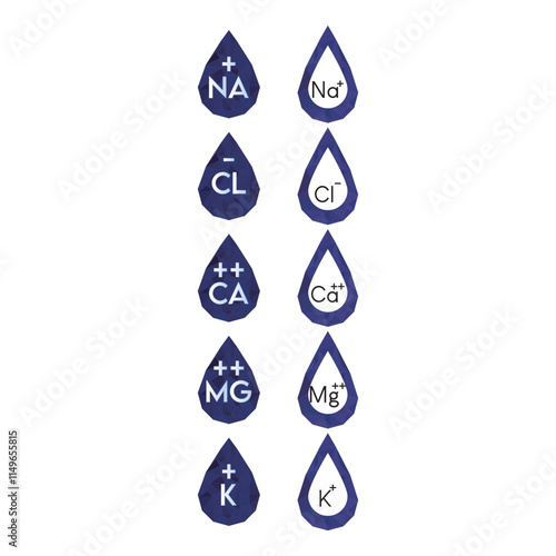 Set of blue electrolyte modern icons - Calcium, Sodium, Magnesium, Potassium and Chlorine ion symbols for Mineral product, mineralized water, health care and education