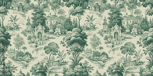 Elegant green-toned vintage floral wallpaper depicting lush gardens and serene landscapes.