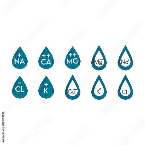 Set of blue electrolyte modern icons - Calcium, Sodium, Magnesium, Potassium and Chlorine ion symbols for Mineral product, mineralized water, health care and education