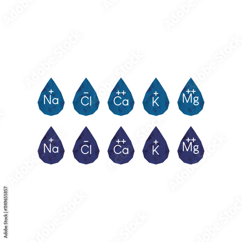 Set of blue electrolyte modern icons - Calcium, Sodium, Magnesium, Potassium and Chlorine ion symbols for Mineral product, mineralized water, health care and education