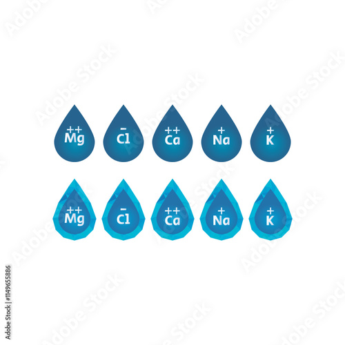 Set of blue electrolyte modern icons - Calcium, Sodium, Magnesium, Potassium and Chlorine ion symbols for Mineral product, mineralized water, health care and education