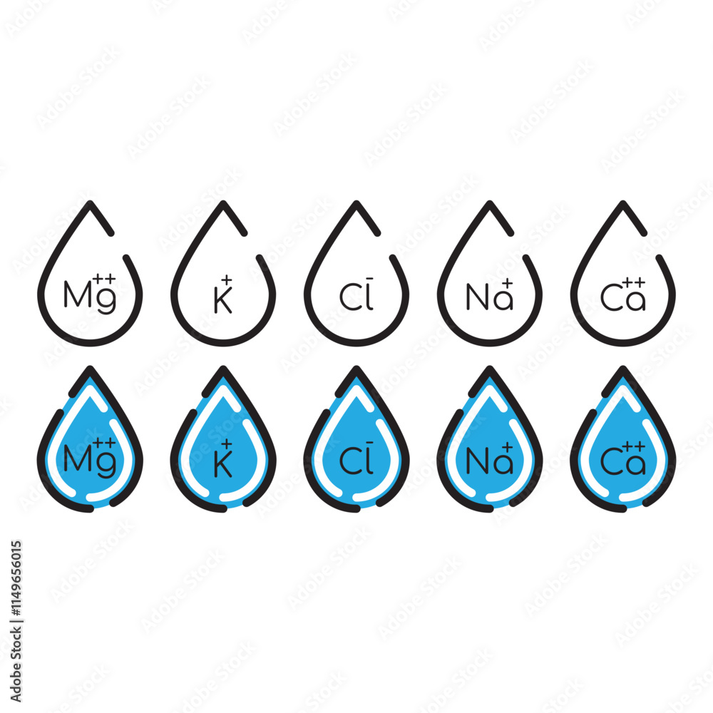 Set of blue electrolyte modern icons - Calcium, Sodium, Magnesium, Potassium and Chlorine ion symbols for Mineral product, mineralized water, health care and education Set of blue electrolyte modern icons - Calcium, Sodium, Magnesium, Potassium and Chlorine ion symbols for Mineral product, mineralized water, health care and education