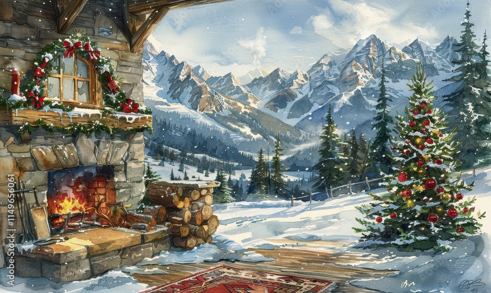 Obraz premium Cozy mountain living room with festive decor and stunning snowy forest views