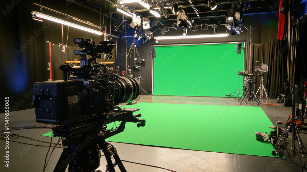 Fototapeta premium Video production concepts. film studio setup featuring green screen, camera, and lighting equipment