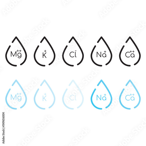 Set of blue electrolyte modern icons - Calcium, Sodium, Magnesium, Potassium and Chlorine ion symbols for Mineral product, mineralized water, health care and education