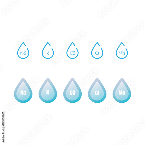 Set of blue electrolyte modern icons - Calcium, Sodium, Magnesium, Potassium and Chlorine ion symbols for Mineral product, mineralized water, health care and education