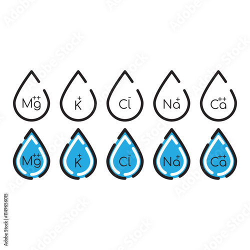 Set of blue electrolyte modern icons - Calcium, Sodium, Magnesium, Potassium and Chlorine ion symbols for Mineral product, mineralized water, health care and education