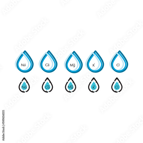 Set of blue electrolyte modern icons - Calcium, Sodium, Magnesium, Potassium and Chlorine ion symbols for Mineral product, mineralized water, health care and education