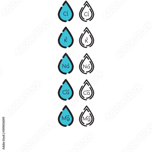 Set of blue electrolyte modern icons - Calcium, Sodium, Magnesium, Potassium and Chlorine ion symbols for Mineral product, mineralized water, health care and education