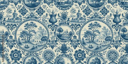 Elegant blue and white floral wallpaper design featuring pastoral scenes.