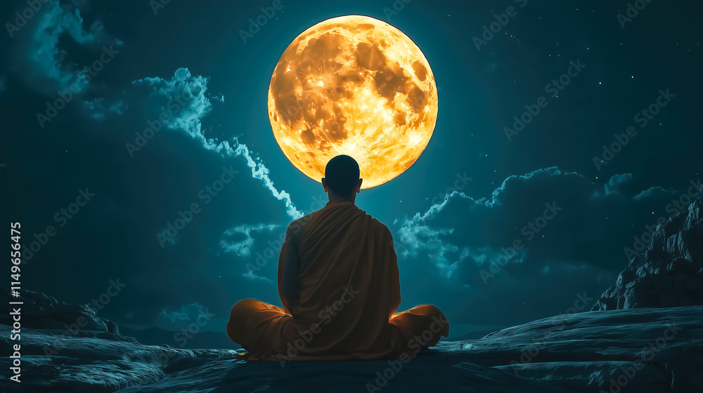 A monk statue under the glow of a full moon, creating a serene and spiritual atmosphere. The concept of peace, meditation, and the connection between humanity and the cosmos. Generative AI. A monk statue under the glow of a full moon, creating a serene and spiritual atmosphere. The concept of peace, meditation, and the connection between humanity and the cosmos. Generative AI.