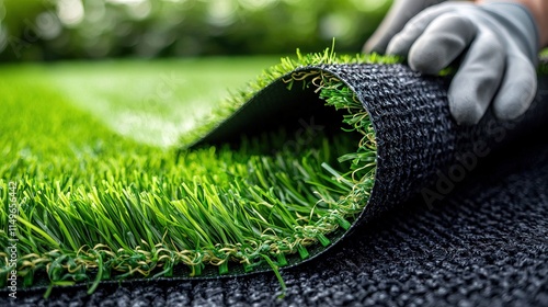 A close-up of hands wearing gloves laying down artificial grass on carpet for the garden area