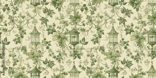 Elegant green and cream floral wallpaper with birdcages and intricate vines.
