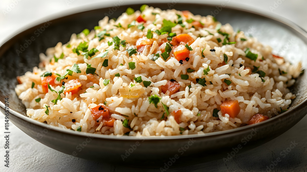 A bowl of flavorful rice mixed with vegetables and herbs, showcasing a delicious dish. A bowl of flavorful rice mixed with vegetables and herbs, showcasing a delicious dish.
