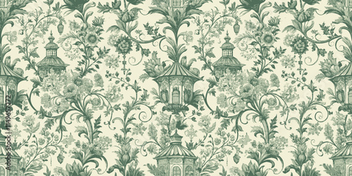Elegant floral wallpaper with intricate botanical designs in green tones.