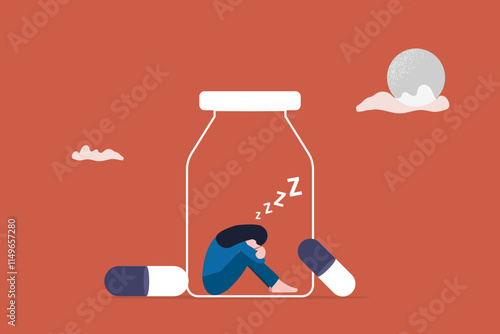 Sleeping girl in the pill bottles. concept of pills, good sleep, Insomnia, exhausted and frustrated