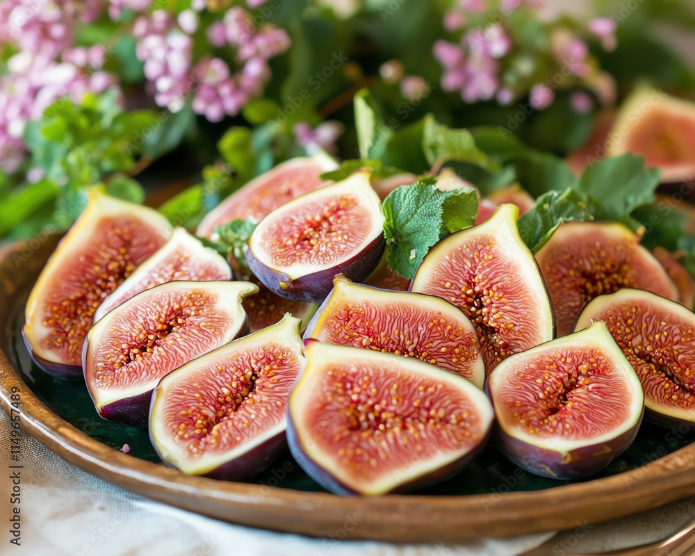 A beautifully arranged plate of sliced figs, showcasing their juicy interior, surrounded by elegant table settings for a delicious food concept A beautifully arranged plate of sliced figs, showcasing their juicy interior, surrounded by elegant table settings for a delicious food concept