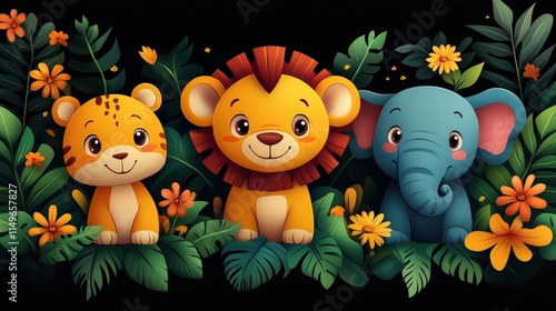 Fototapeta Naklejka Na Ścianę i Meble -  Cute jungle animals amidst vibrant flowers.