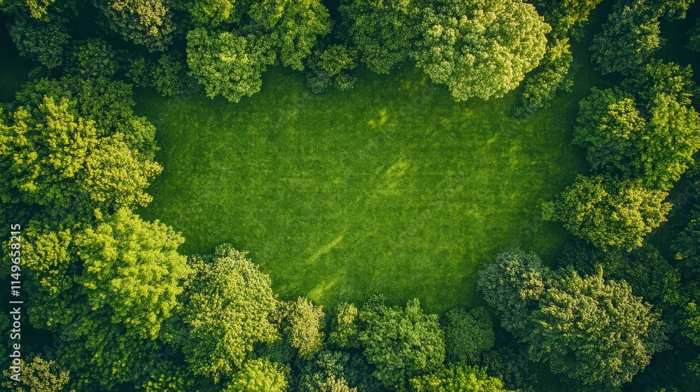 Aerial View of Green Meadow Surrounded by Lush Trees Aerial View of Green Meadow Surrounded by Lush Trees