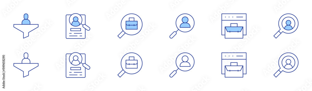 Recruitment icon set in two styles, Duotone and Thin Line style. Editable stroke. filter, human resources, job search, recruitment, business Recruitment icon set in two styles, Duotone and Thin Line style. Editable stroke. filter, human resources, job search, recruitment, business