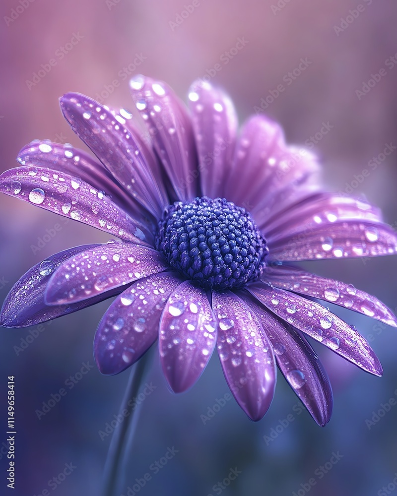 Obraz premium A daisy flower in full bloom with water drops delicately perched on its petals, captured in a closeup for a refreshing floral image