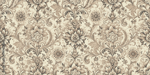 Elegant floral wallpaper design in neutral tones with intricate detailing.