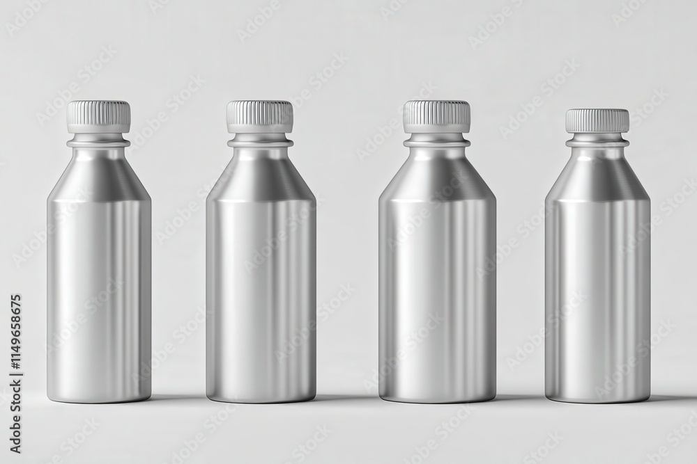 Four Silver Metal Bottles Stand In A Row Four Silver Metal Bottles Stand In A Row