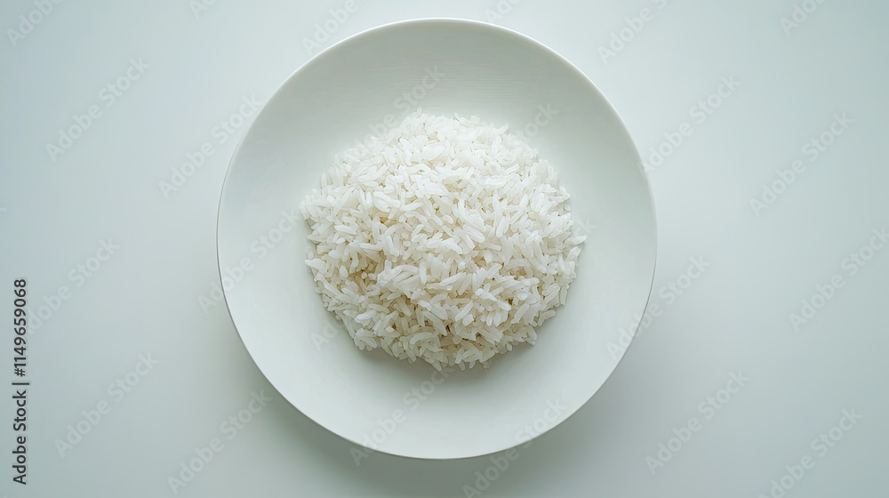 Freshly Cooked White Rice in a Clean Round Plate on a Light Background Freshly Cooked White Rice in a Clean Round Plate on a Light Background